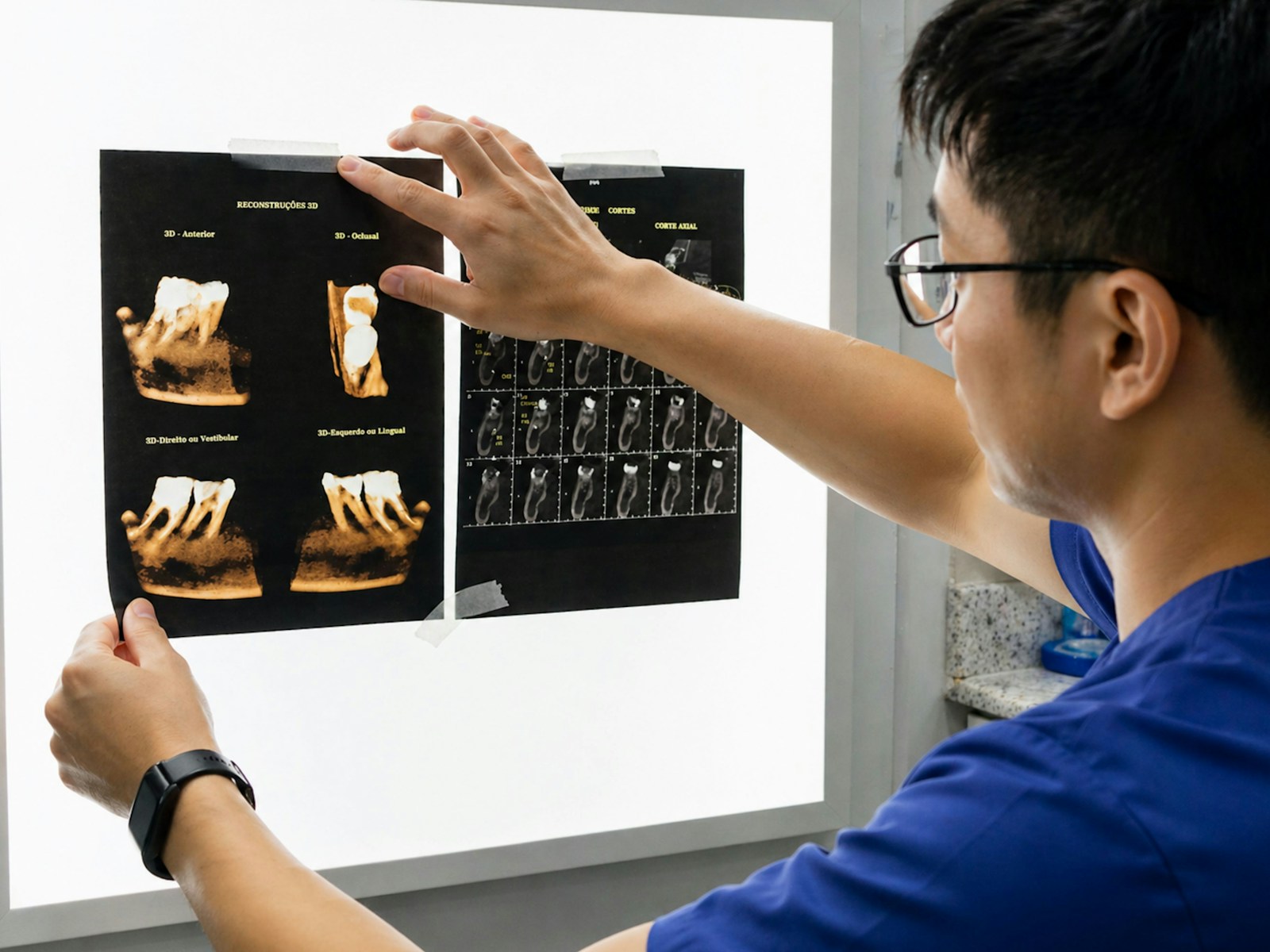 Dentista analisando imagens radiográficas odontológicas
